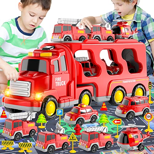 5 in-1 Toy Trucks for Boys,Truck Toy for 1 2 3 4 5 6 Year Old Girls and  Boys,Big Transport Truck with 4 Small Pull Back Cars,Carrier Truck Toy with